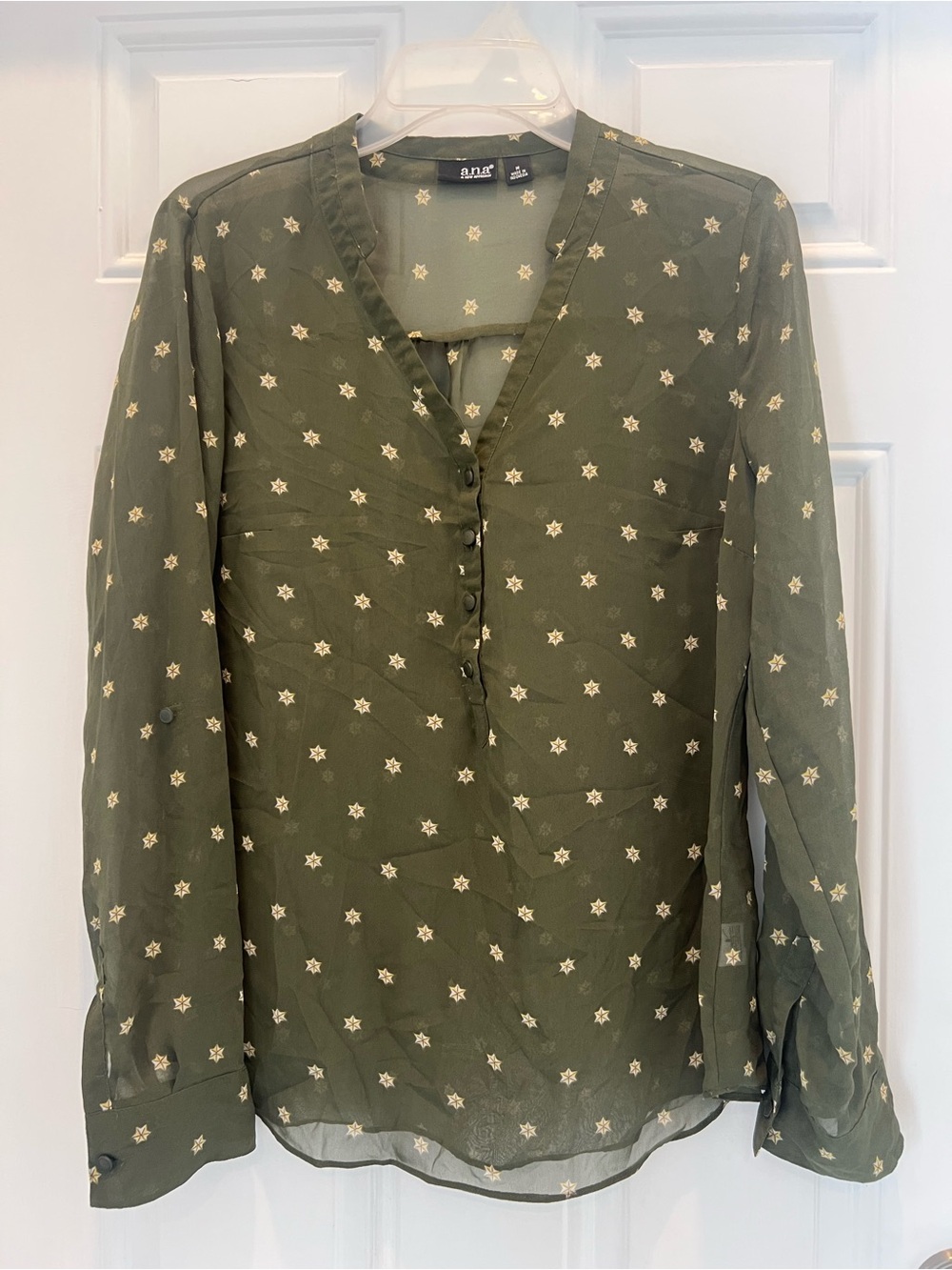 ana A New Approach Long Sleeve Blouse Shirt Size M Olive Green Polyester Top 957